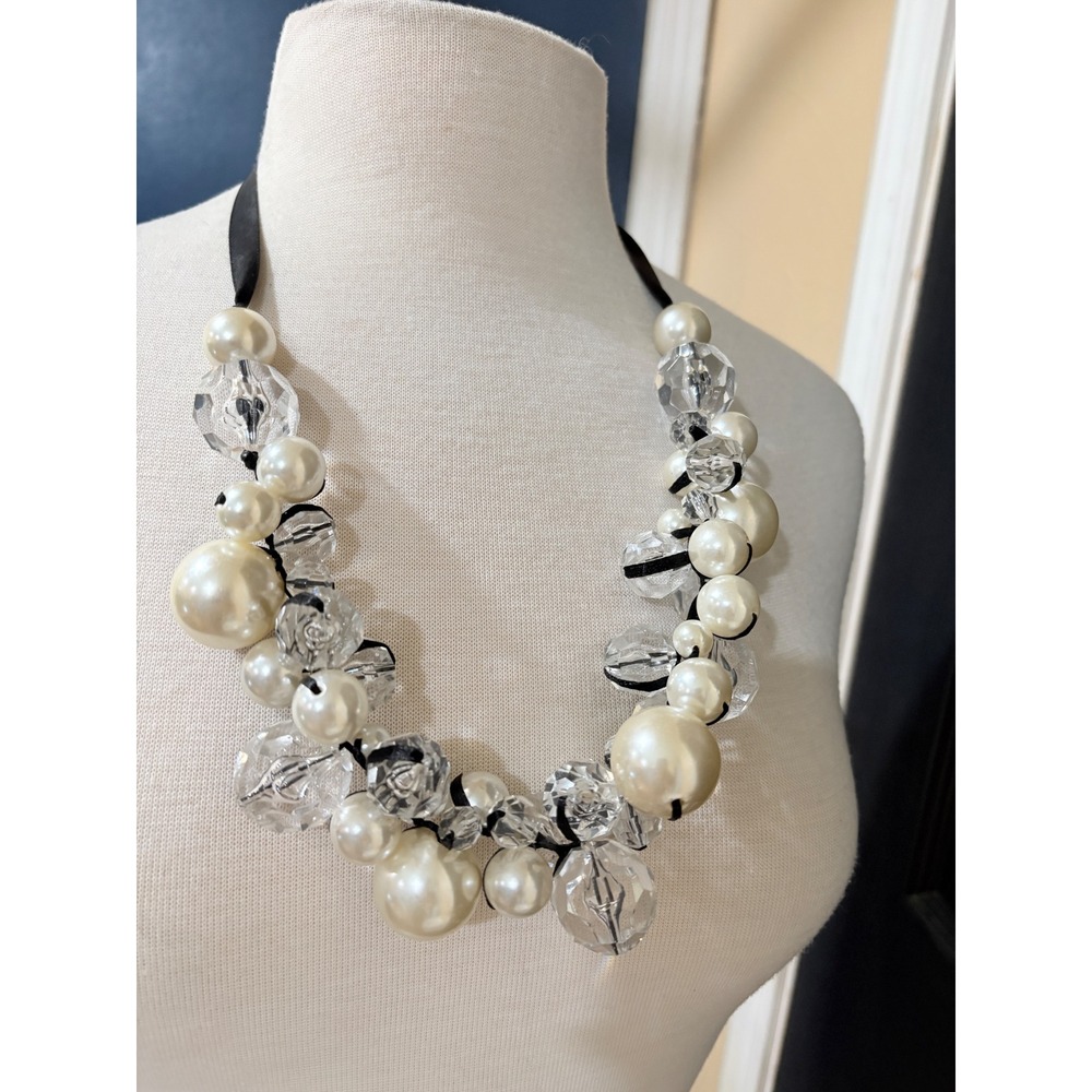 Chunky Stacked Faux‎ Pearl and Faceted Crystal Statement Necklace Black Ribbon